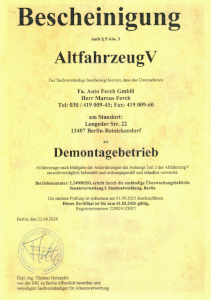 Zertifikat Altfahrzeug-Entsorgungsbetrieb